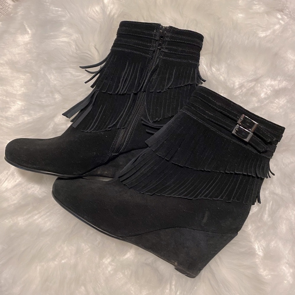 Fringe Leather Wedge Booties
